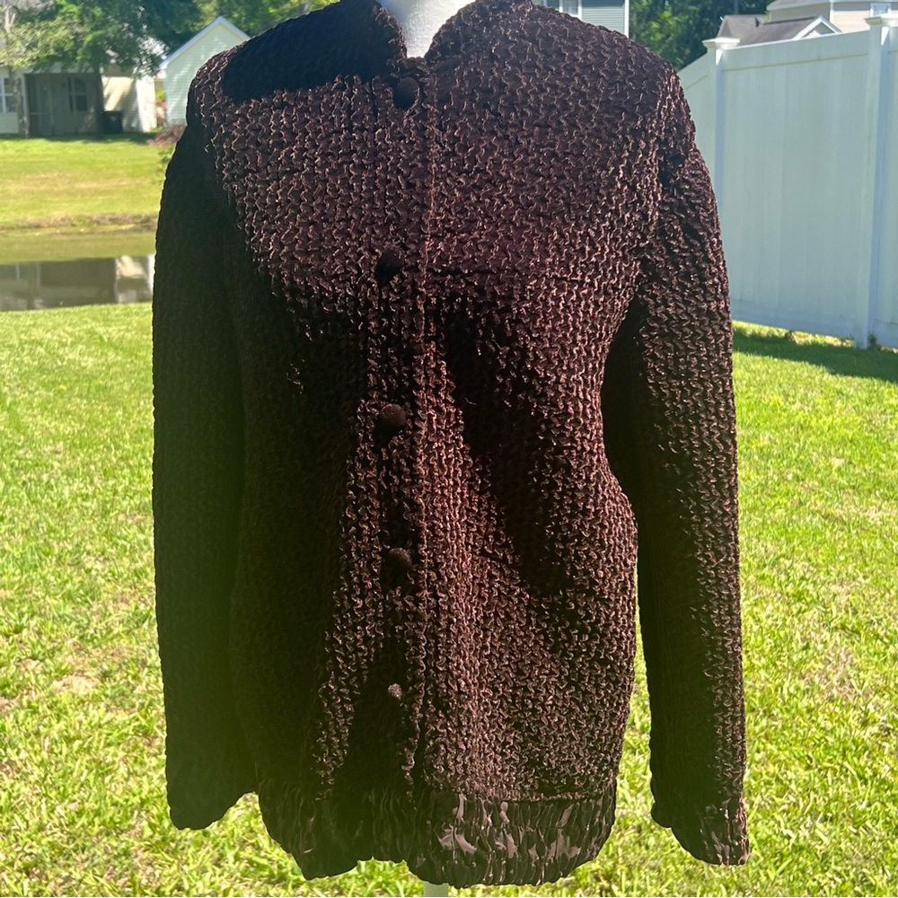 Silkland sweater jacket sz Medium brown Crinkle Knit / Decorative Cuffs - Picture 2 of 7